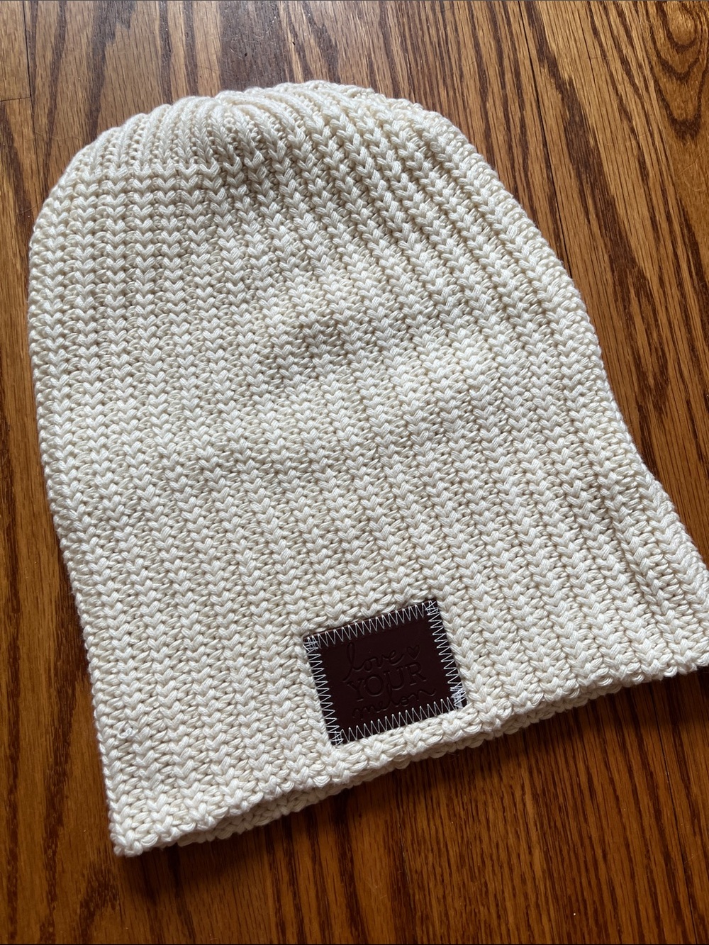 Love Your Melon Cream Knit Beanie with Brown Leather Patch 100% Cotton